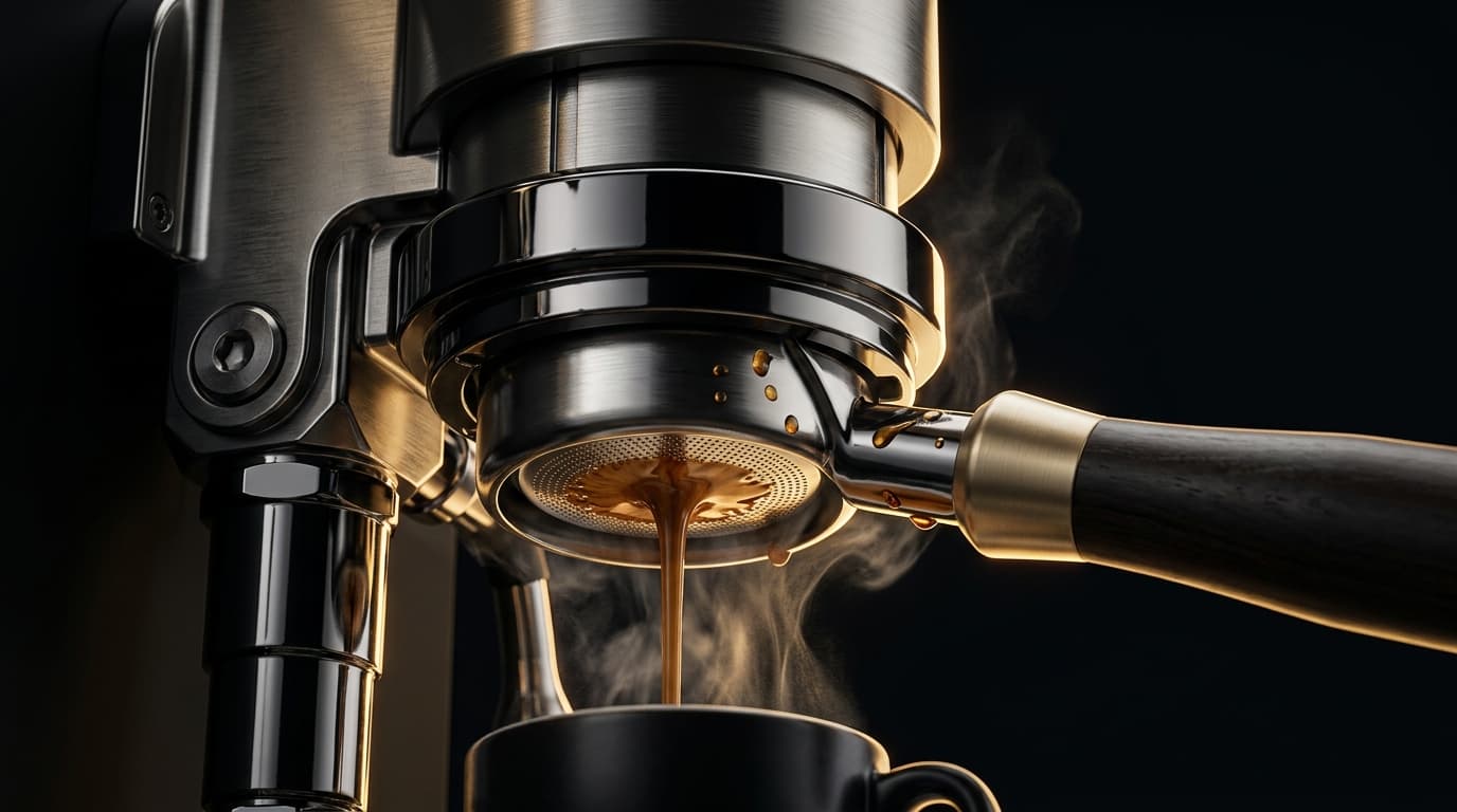 Commercial-grade built-in espresso and coffee machine in dark brushed steel with pressure gauges