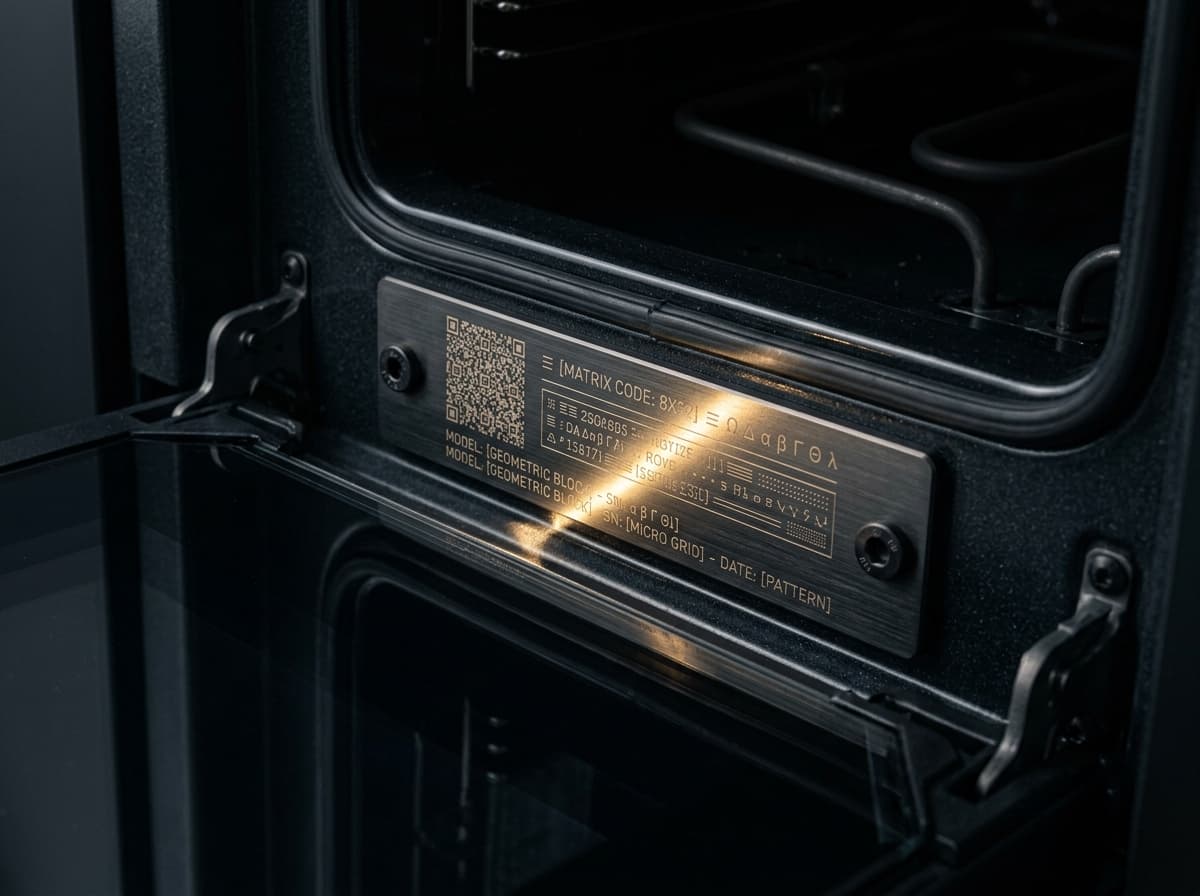 Macro photograph of a stainless steel appliance rating plate with model number, E-Nr, and serial specifications