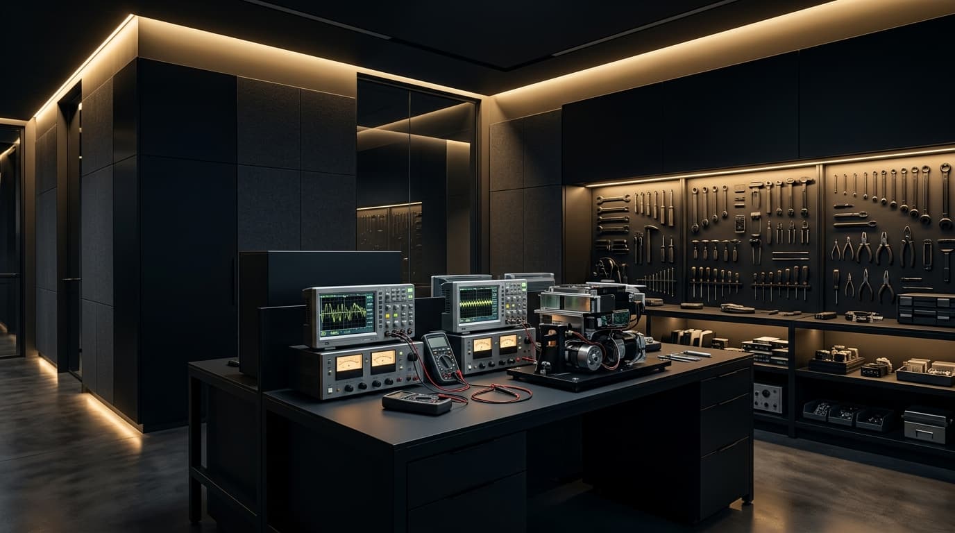Swiss certified appliance repair engineering laboratory and technical atelier with diagnostic test benches