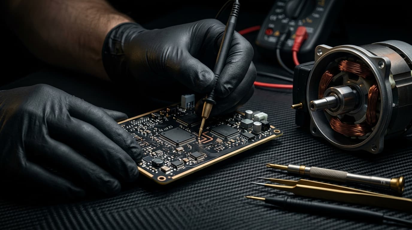Master technician with protective gloves performing component-level repair on an appliance electronic module