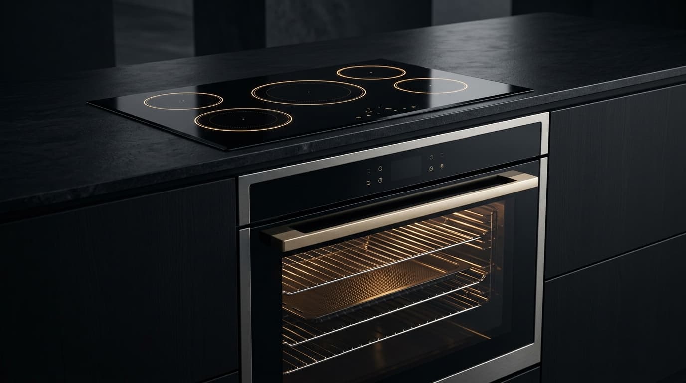 Integrierter Luxus-Heißluftbackofen und Induktionskochfeld mit beleuchteten Touch-Bedienelementen