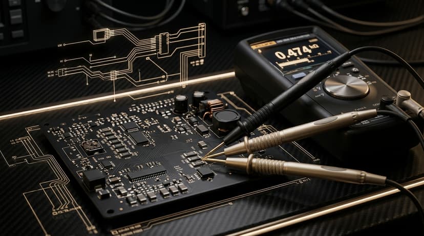 Banco da officina hi-tech per la riparazione di elettrodomestici con multimetro digitale illuminato, oscilloscopio e postazione test PCB